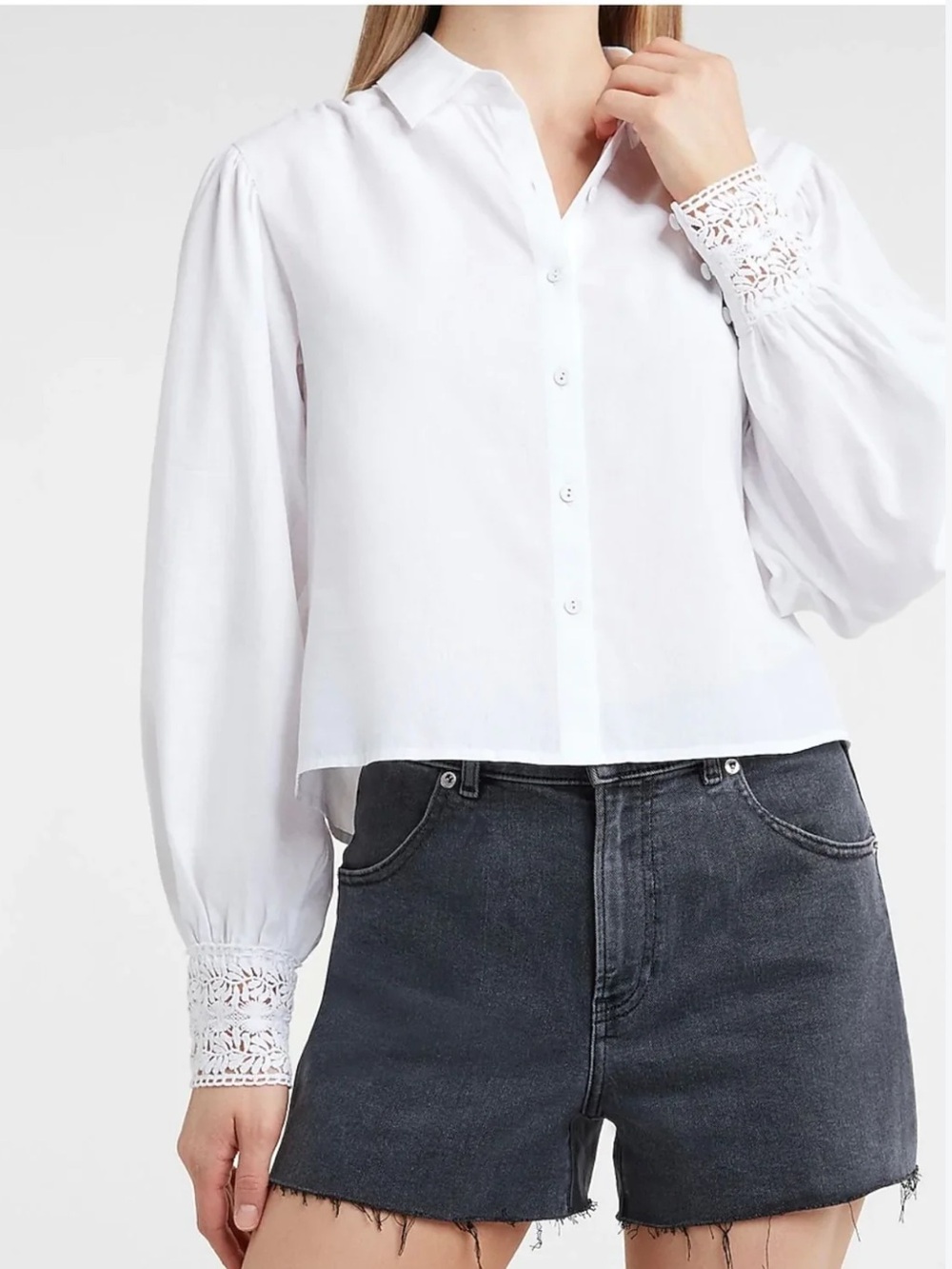 Express White Button-Down Blouse with Lace Cuffs